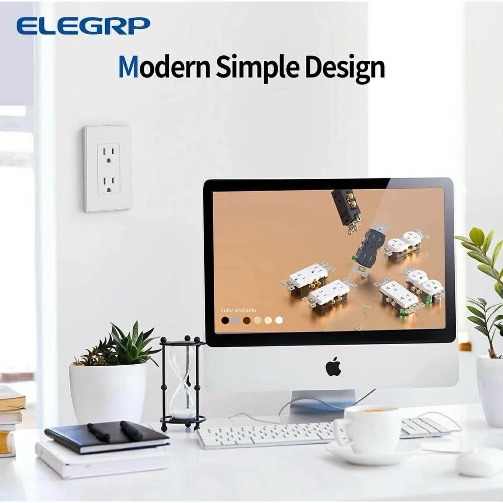 Elegrp Matte White Standard Decorator Electrical Wall Receptacle Outlet 15A 125V